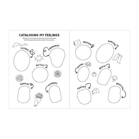 Two-page worksheet titled "Cataloging My Feelings" with blank face outlines next to images like clouds, bicycle, and puppies, prompting emotions expression.