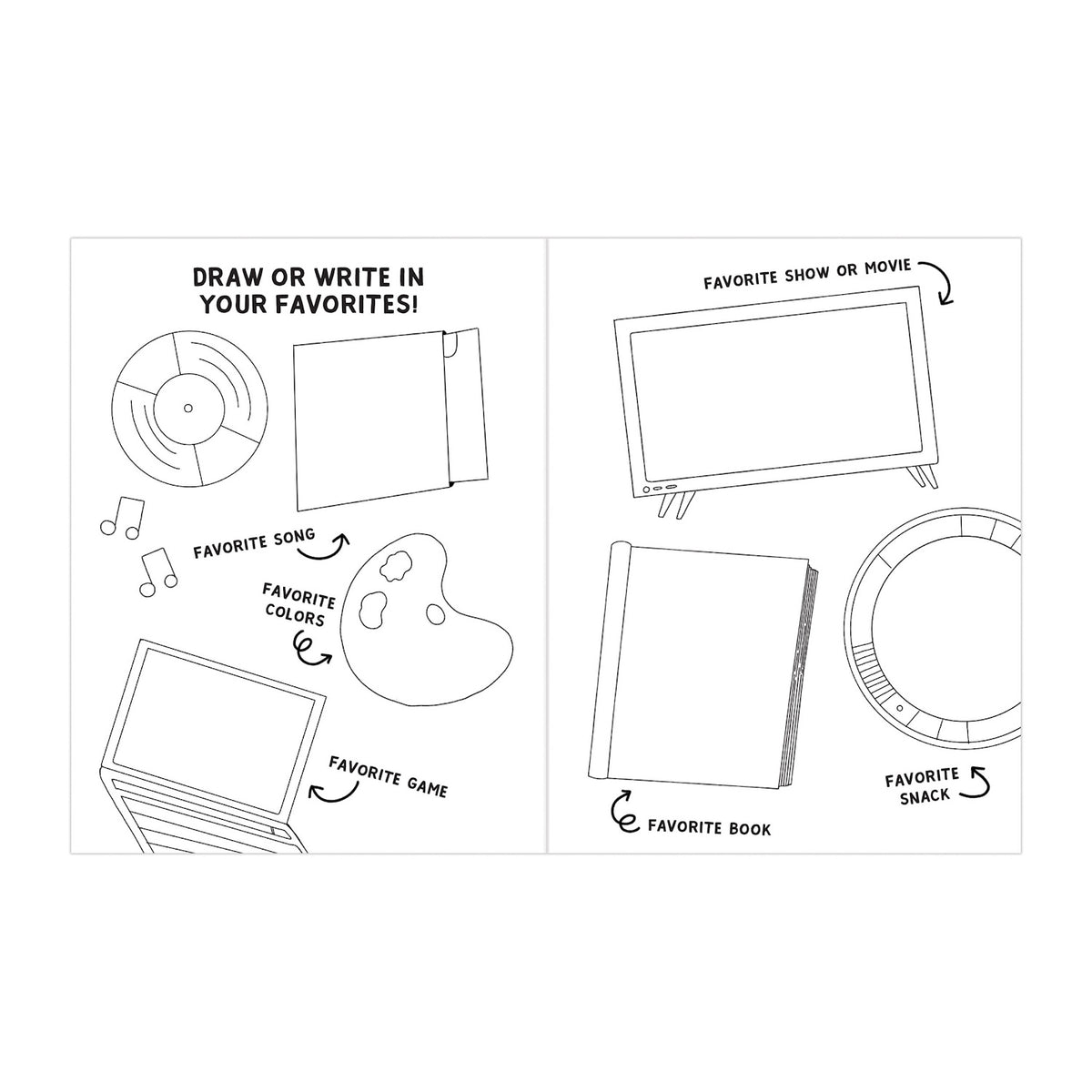 Activity page with outlines for favorite song, colors, game, show or movie, book, and snack. Space for drawing and writing personal favorites.
