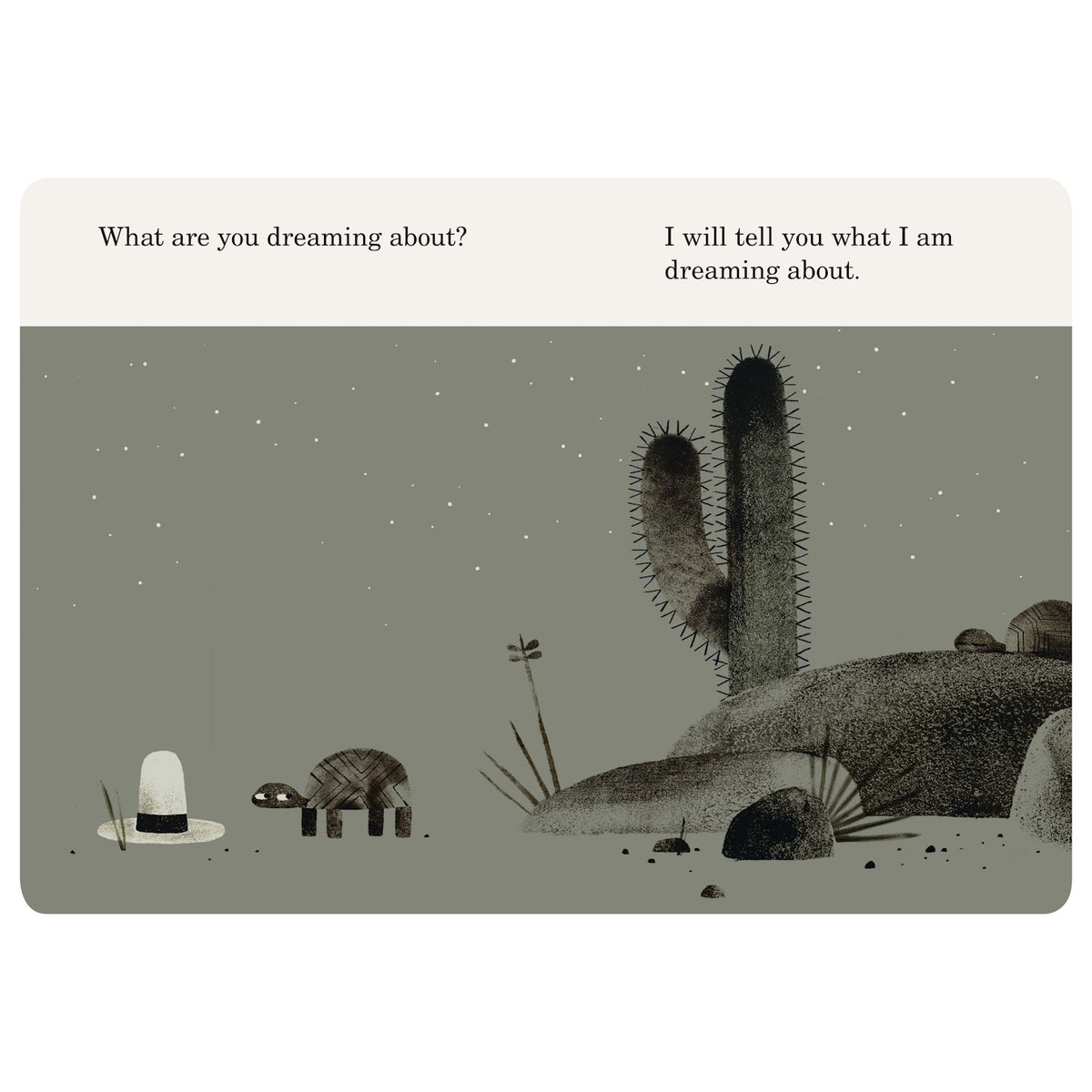A turtle stands next to a white hat in a desert at night with cacti and stars. Text asks about dreaming.