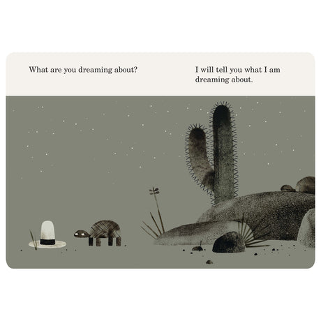 A turtle stands next to a white hat in a desert at night with cacti and stars. Text asks about dreaming.