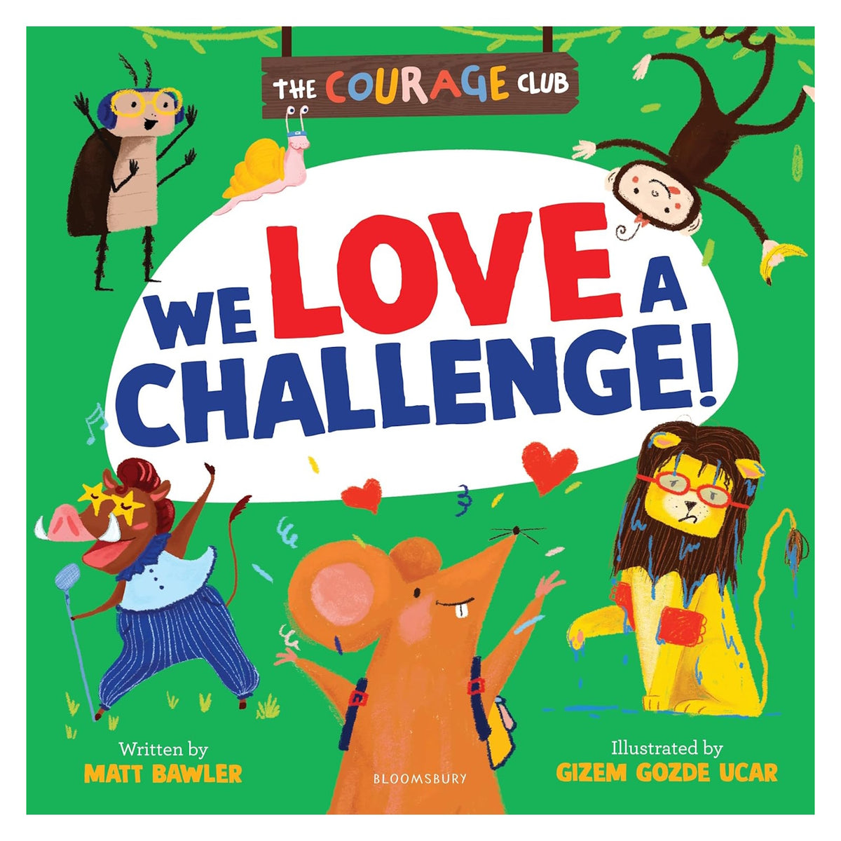 Book cover titled "We Love a Challenge!" featuring a mouse surrounded by cheerful, active animals.