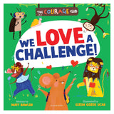 Book cover titled "We Love a Challenge!" featuring a mouse surrounded by cheerful, active animals.