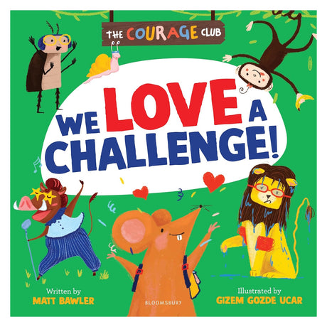 Book cover titled "We Love a Challenge!" featuring a mouse surrounded by cheerful, active animals.