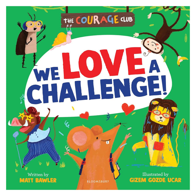 Book cover titled "We Love a Challenge!" featuring a mouse surrounded by cheerful, active animals.