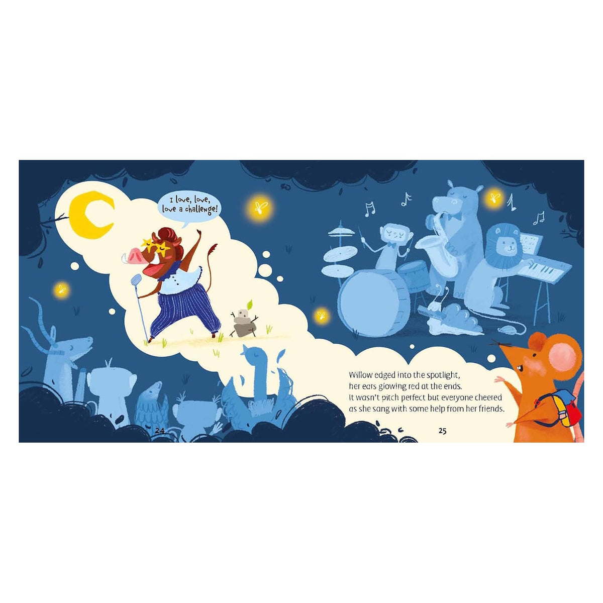 Children's book spread with a warthog singing in a spotlight while blue animal friends play music.