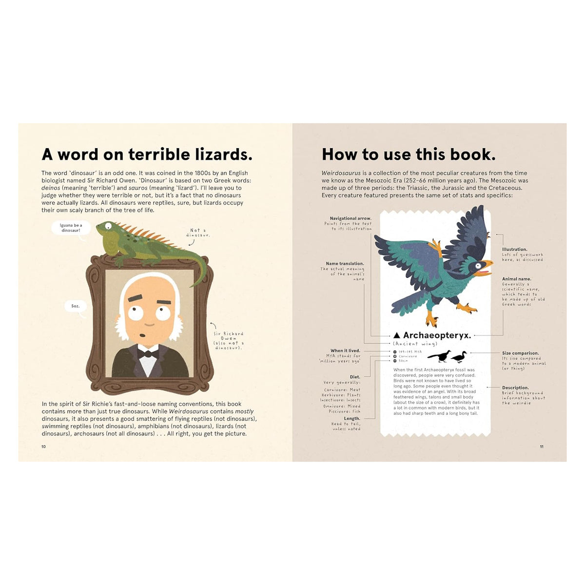 Illustrated kids dinosaur book layout with a portrait of Sir Richard Owen and an Archaeopteryx diagram.
