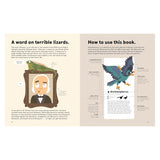 Illustrated kids dinosaur book layout with a portrait of Sir Richard Owen and an Archaeopteryx diagram.