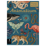 Cover of the book "Animalium" featuring detailed illustrations of animals, including a whale, tiger, flamingo, moth, octopus, and snake on a blue background.