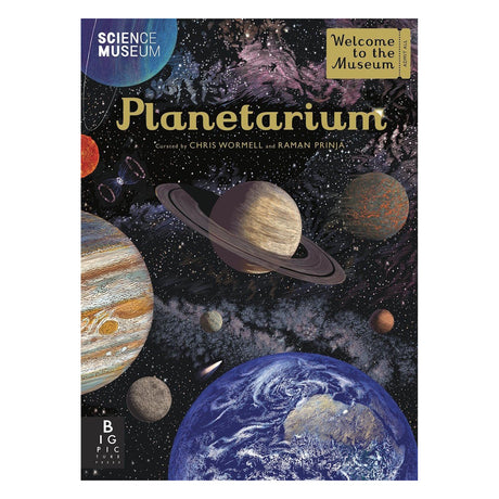 Book cover titled "Planetarium" shows a vibrant space scene with planets, including Saturn and Earth, amid stars. The cover conveys wonder and exploration.
