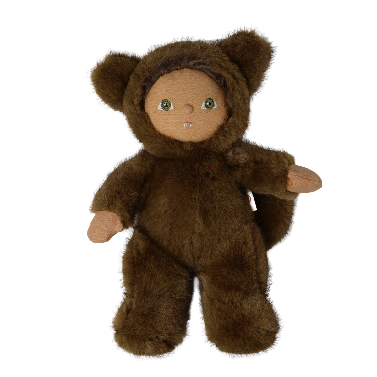 Plush brown werewolf doll in a hooded fur suit standing with tiny fangs showing against white background.