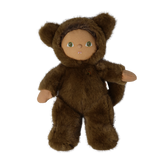 Plush brown werewolf doll in a hooded fur suit standing with tiny fangs showing against white background.