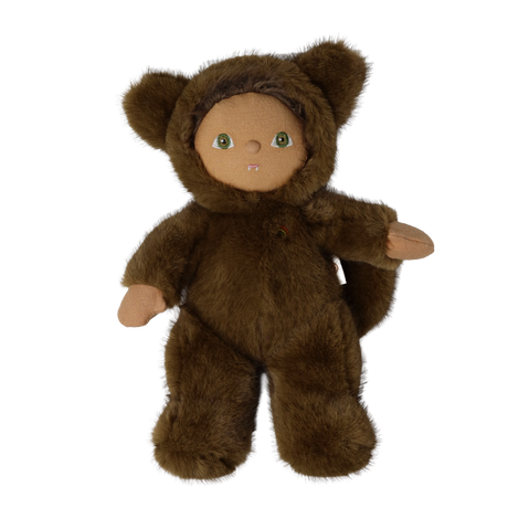 Plush brown werewolf doll in a hooded fur suit standing with tiny fangs showing against white background.