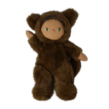 Plush brown werewolf doll in a hooded fur suit raising one hand in a wave against white background.