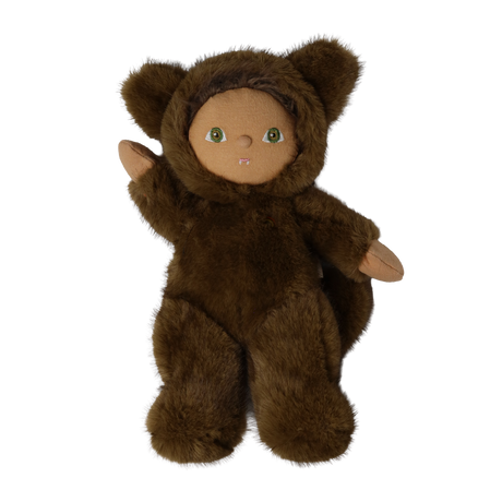 Plush brown werewolf doll in a hooded fur suit raising one hand in a wave against white background.