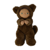 Plush doll wearing a fuzzy brown werewolf suit with animal ears against a white background.