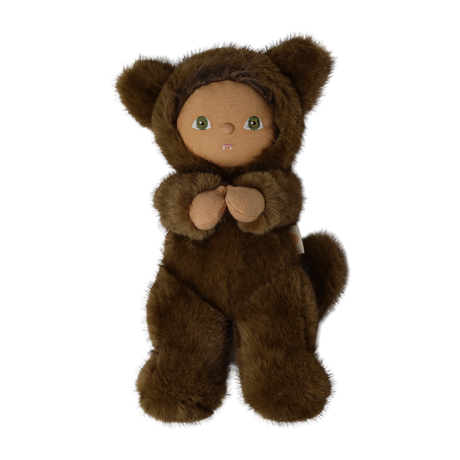 Plush doll wearing a fuzzy brown werewolf suit with animal ears against a white background.