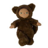 Plush doll in a brown fuzzy werewolf costume standing with open arms against a white background.