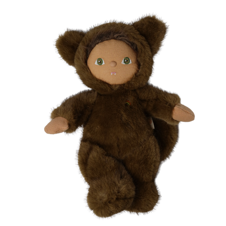 Plush doll in a brown fuzzy werewolf costume standing with open arms against a white background.