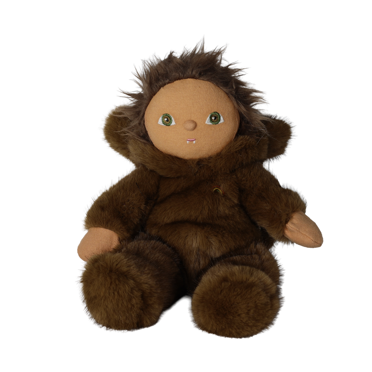 Seated plush doll in a fuzzy brown werewolf suit with its hood down around its face.