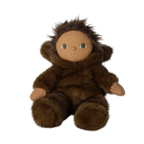Seated plush doll in a fuzzy brown werewolf suit with its hood down around its face.