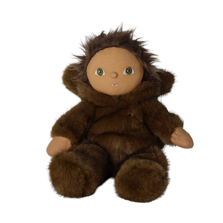 Seated plush doll in a fuzzy brown werewolf suit with its hood down around its face.