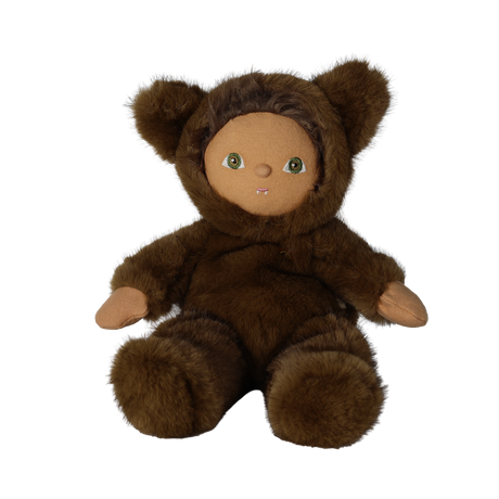 Seated plush doll in a fuzzy brown werewolf costume with hood and ears against a white background.