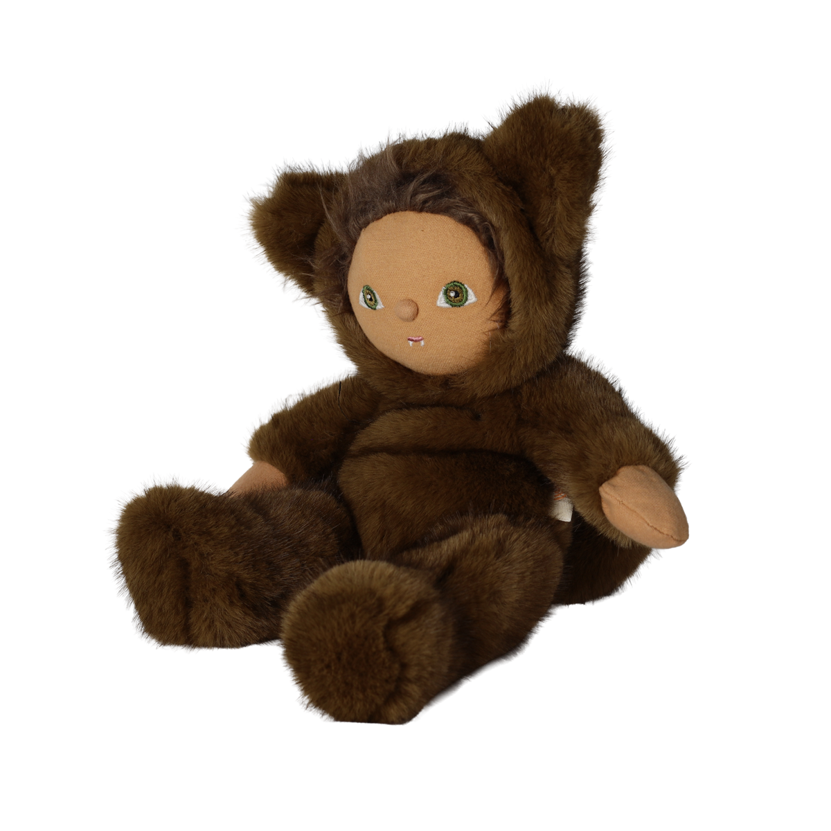 Seated plush doll in a brown werewolf costume angled to the side against a white background.
