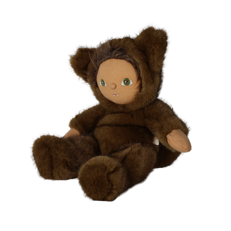 Seated plush doll in a brown werewolf costume angled to the side against a white background.