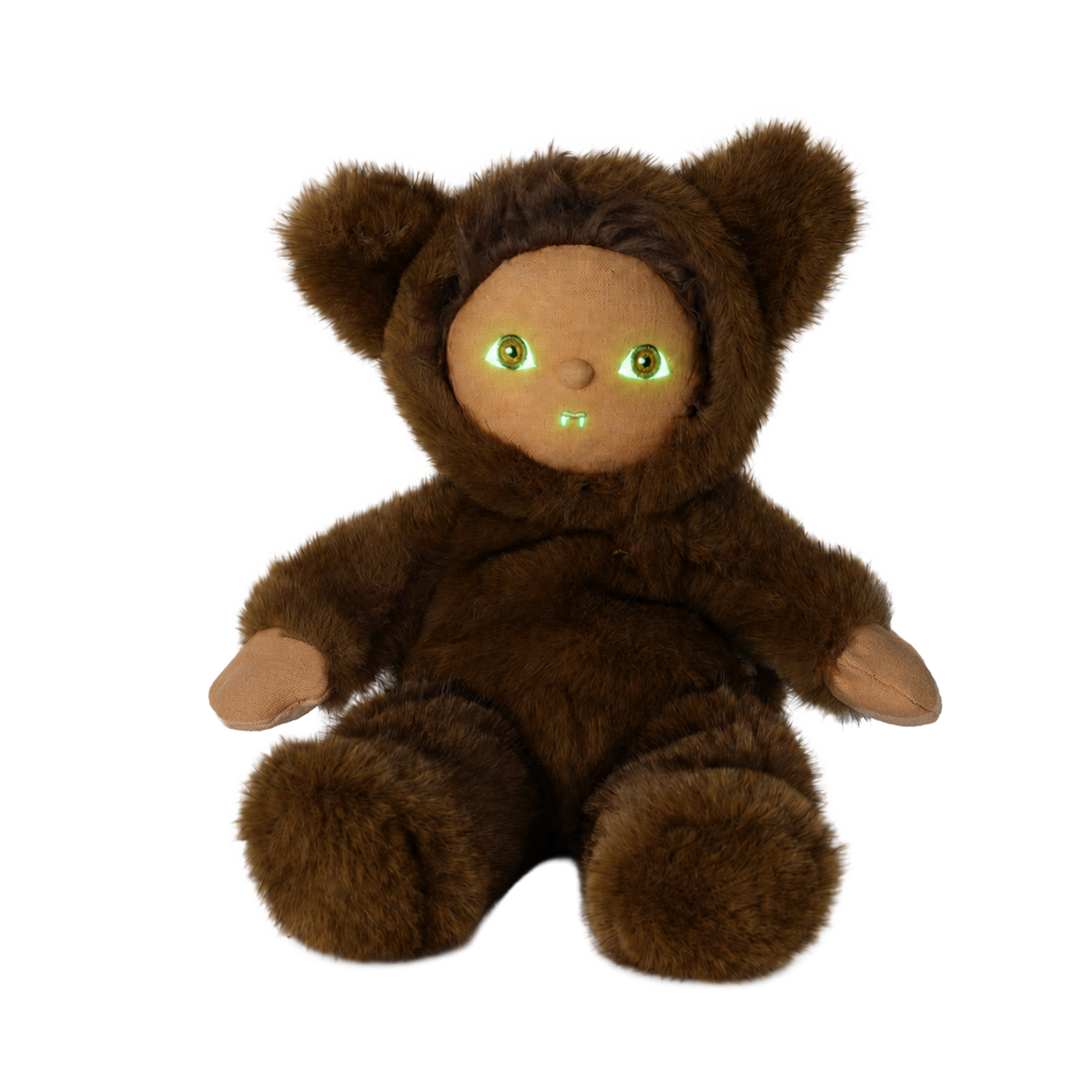 Plush brown werewolf doll in a hooded suit with glowing green eyes and tiny fangs against white background.