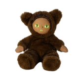 Plush brown werewolf doll in a hooded suit with glowing green eyes and tiny fangs against white background.