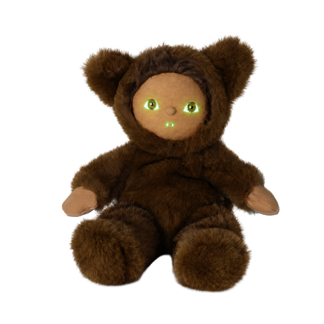 Plush brown werewolf doll in a hooded suit with glowing green eyes and tiny fangs against white background.