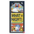 Book cover for "WHAT a NIGHT!" showing a house with giraffes on top and animals gathered below.