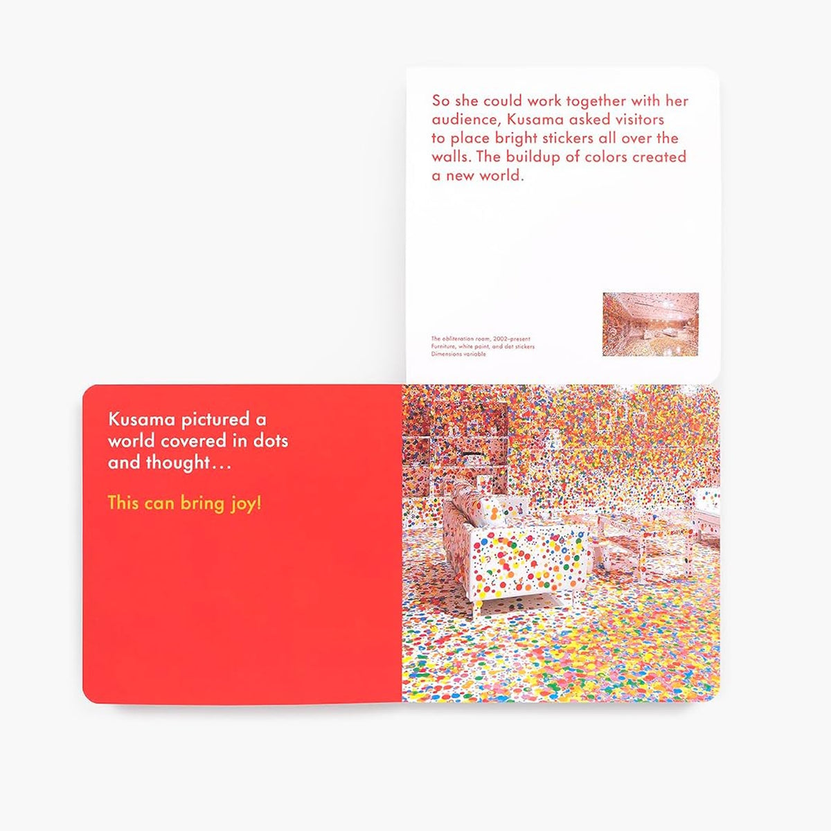 Book fold-out page with text about Kusama's interactive sticker art and photo of a room full of dots.