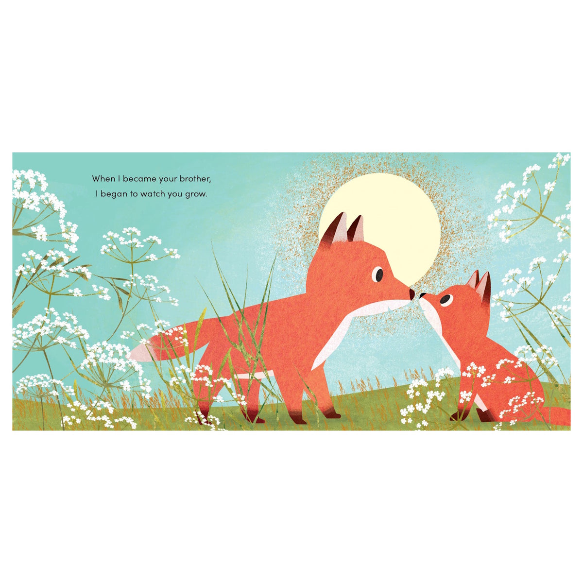 Illustration of a large fox and a small fox touching noses in a grassy field surrounded by white flowers.