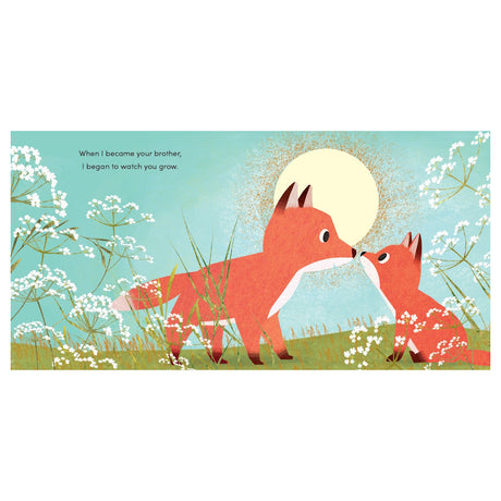 Illustration of a large fox and a small fox touching noses in a grassy field surrounded by white flowers.