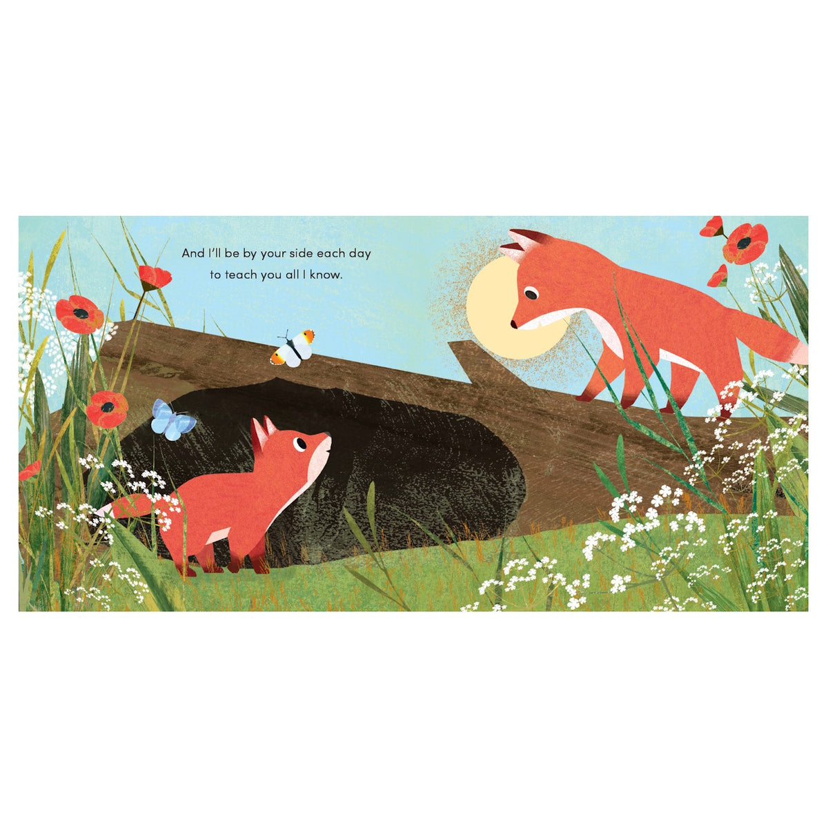Children's illustration of an older fox on a log looking down at a small fox kit surrounded by flowers.