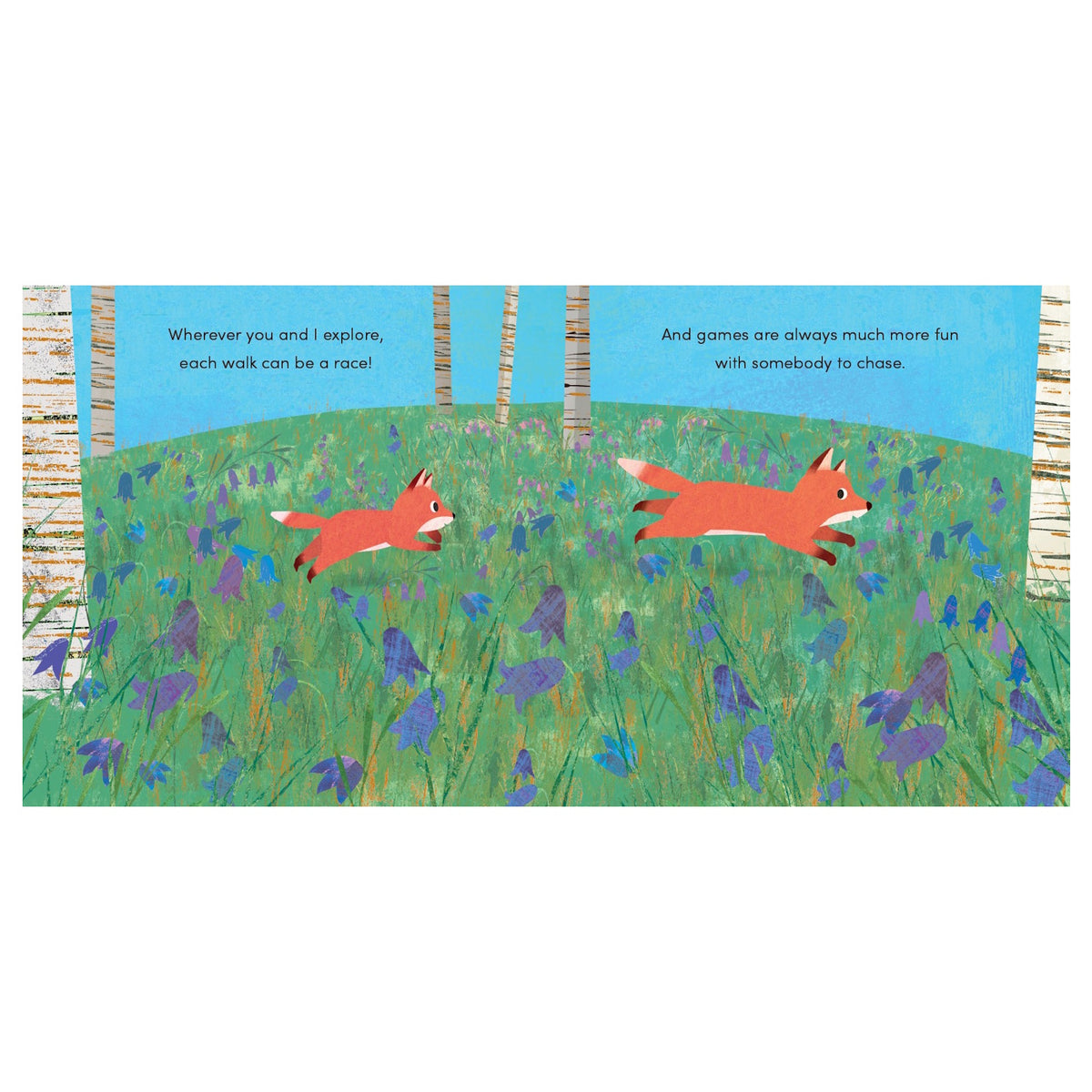 Two red foxes running through a grassy meadow filled with purple flowers and birch trees.