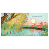 Illustration of two foxes walking on a log across water under a weeping willow tree at sunset.