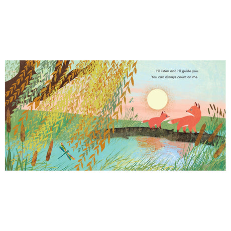 Illustration of two foxes walking on a log across water under a weeping willow tree at sunset.