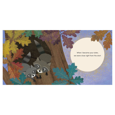 Children's book illustration of two raccoons peeking out from a tree hollow surrounded by colorful autumn leaves.
