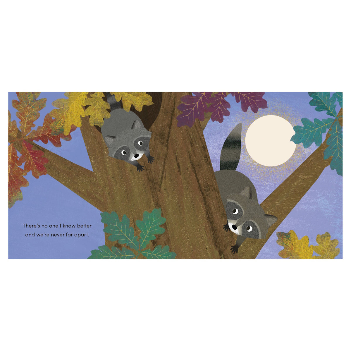 Children's book page showing two raccoons in an autumn tree under a full moon, with text about being together.