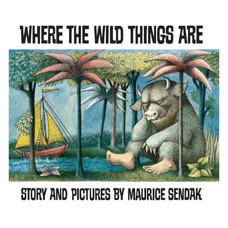 Cover of "Where the Wild Things Are" by Maurice Sendak. A large, horned creature sits by water, near trees. A sailboat is in the background. Magical tone.