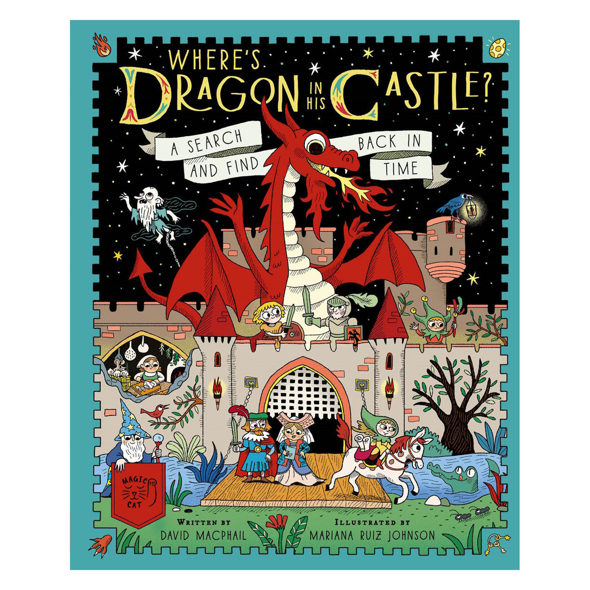Colorful book cover depicting a red dragon atop a castle with animated characters below, including a wizard and knights. Stars and a moon fill the night sky.
