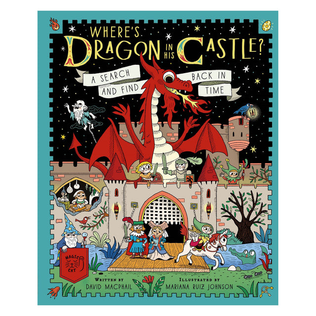 Colorful book cover depicting a red dragon atop a castle with animated characters below, including a wizard and knights. Stars and a moon fill the night sky.