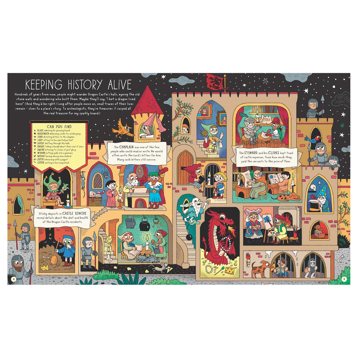 A whimsical illustration of a medieval castle bustling with activity. Various characters, including knights, a dragon, and villagers, perform daily tasks. Vibrant colors and playful details create a lively, storybook atmosphere.