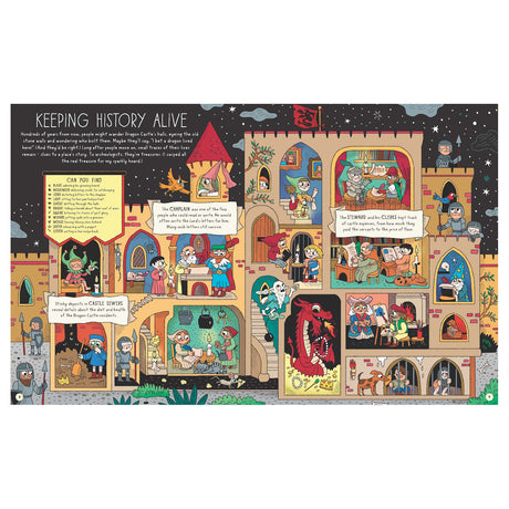 A whimsical illustration of a medieval castle bustling with activity. Various characters, including knights, a dragon, and villagers, perform daily tasks. Vibrant colors and playful details create a lively, storybook atmosphere.