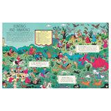 Colorful illustrated scene depicting a medieval hunt. Various characters ride horses, accompanied by dogs and birds. A whimsical dragon and lush greenery fill the scene, creating a lively, adventurous atmosphere.
