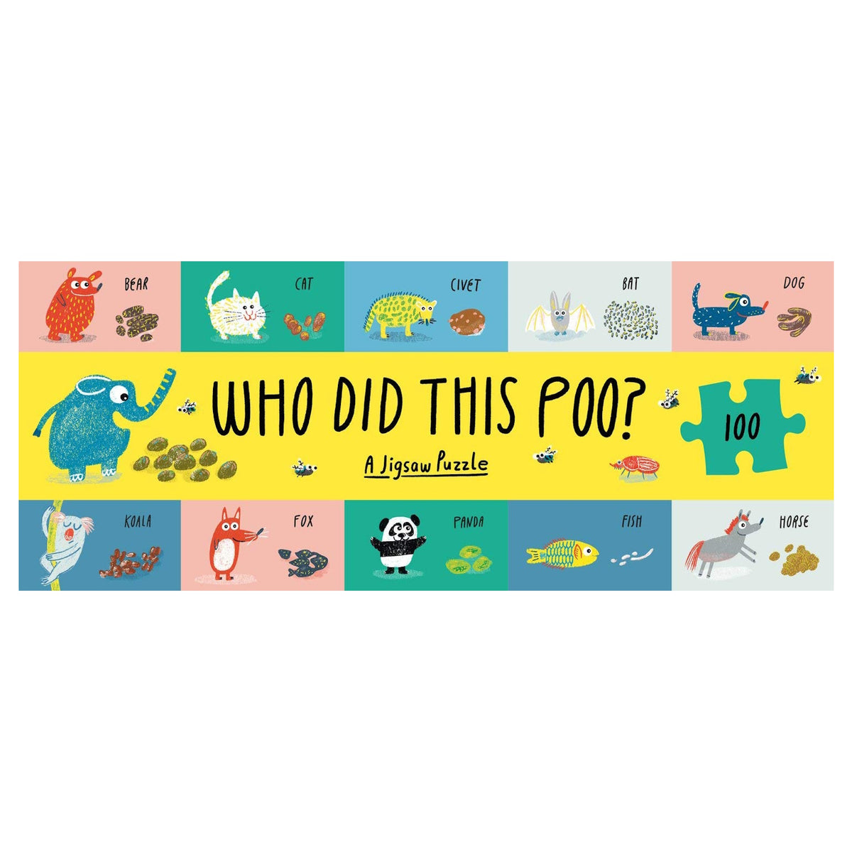 Who Did This Poo? A Jigsaw Puzzle box art featuring colorful animal illustrations and matching scat.