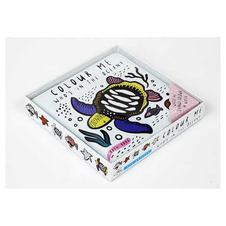 Wee Gallery "Colour Me: Who's in the Ocean?" color-changing bath book in packaging featuring a sea turtle illustration.