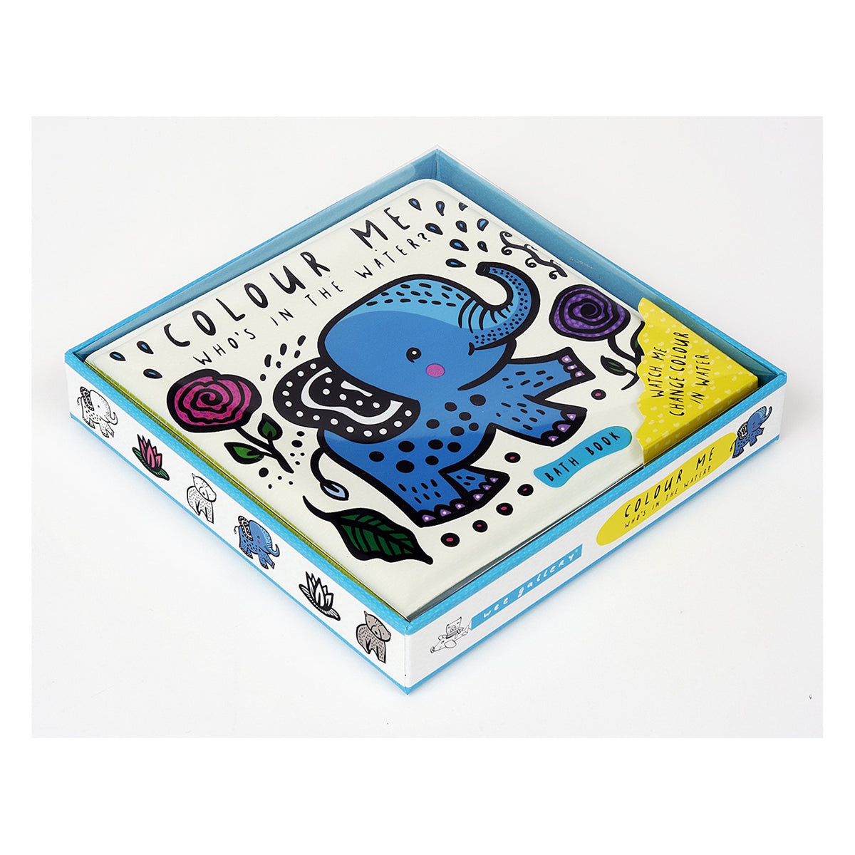 Wee Gallery "Who's in the Water?" color-changing bath book featuring a blue elephant illustration in a gift box.